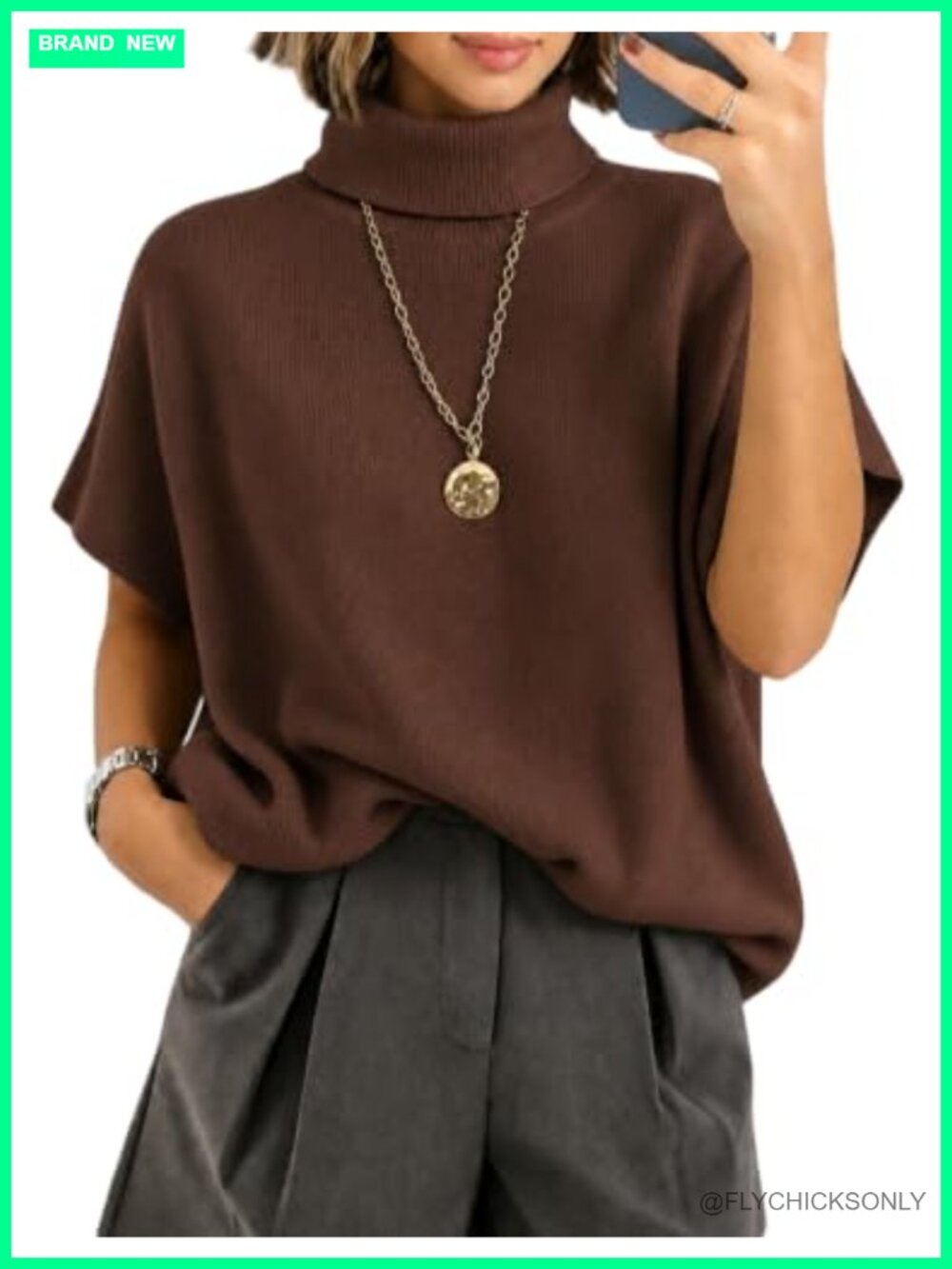 Turtleneck Sweater Oversized Knit Tunic Top Batwing Sleeve Relaxed Fit
